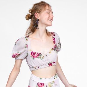 ZARA Floral Crop Top Womens Medi Puff Sleeve Chiffon Cottagecore - Small